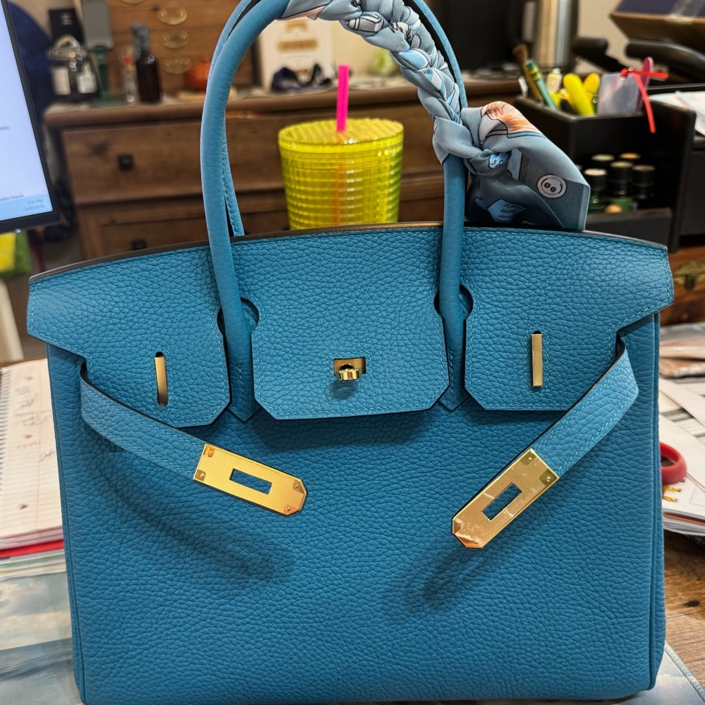 Elegant Turquoise Blue Jean Leather Tote Handbag with Gold Hardware 30cm